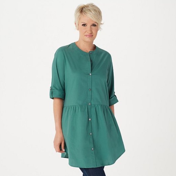 LOGO by Lori Goldstein Tops - LOGO Lori Goldstein Top Button Front Tunic Roll Tab Waist Seam